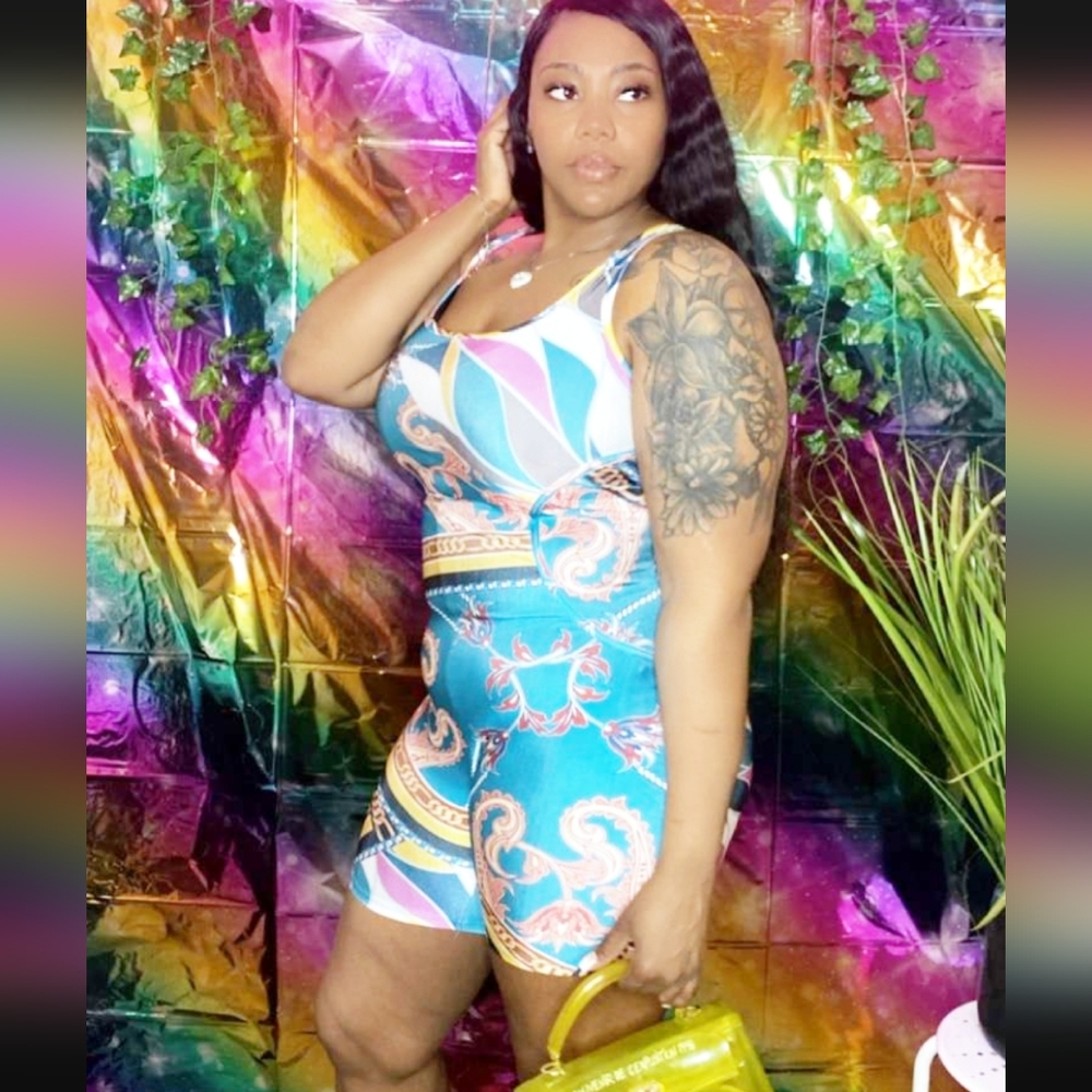 Baroque Print Sleeveless Romper in Teal and Pink